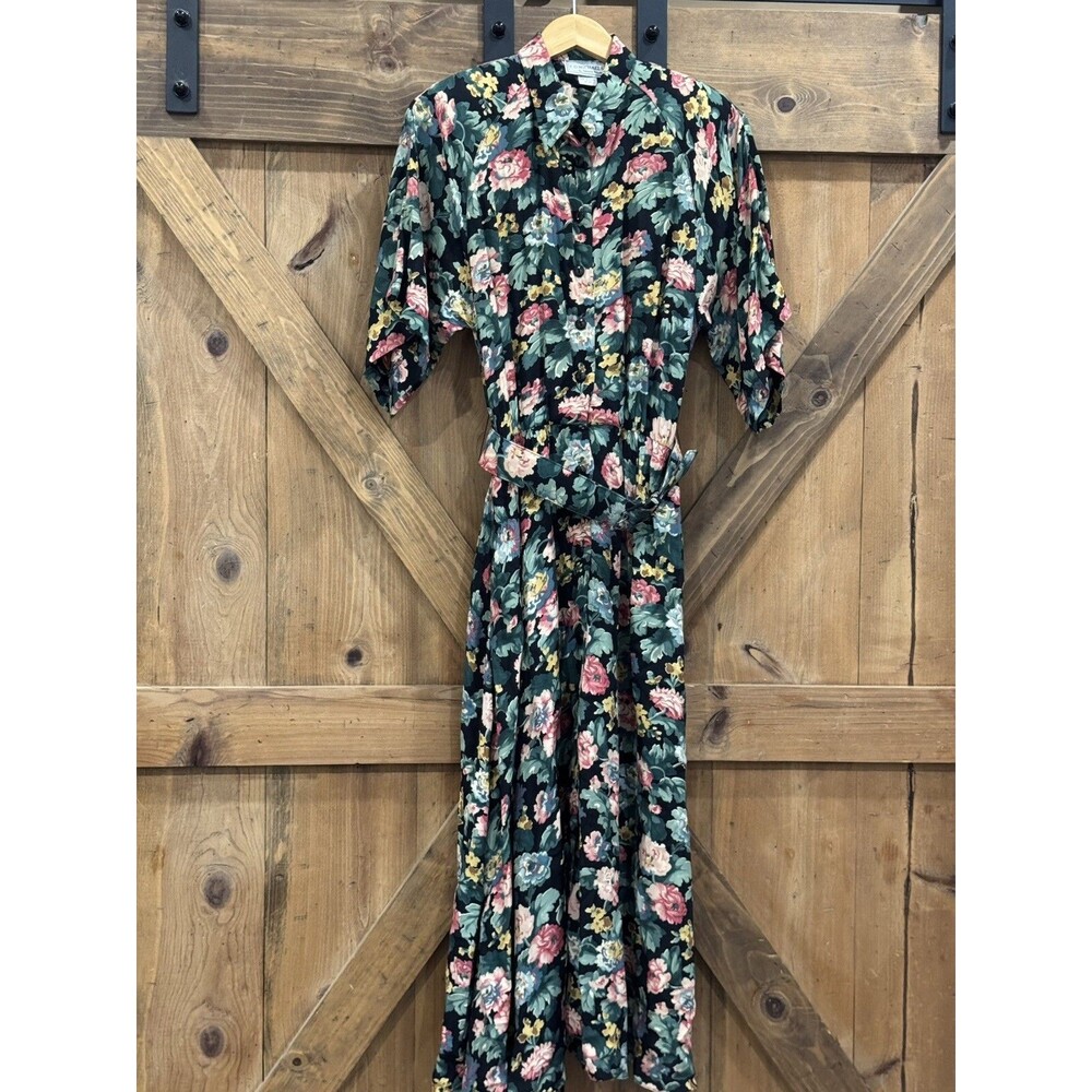 Vintage E.D. Michaels Fit Flare Sz 10 Maxi Trad Wife Green Floral Belted Dress